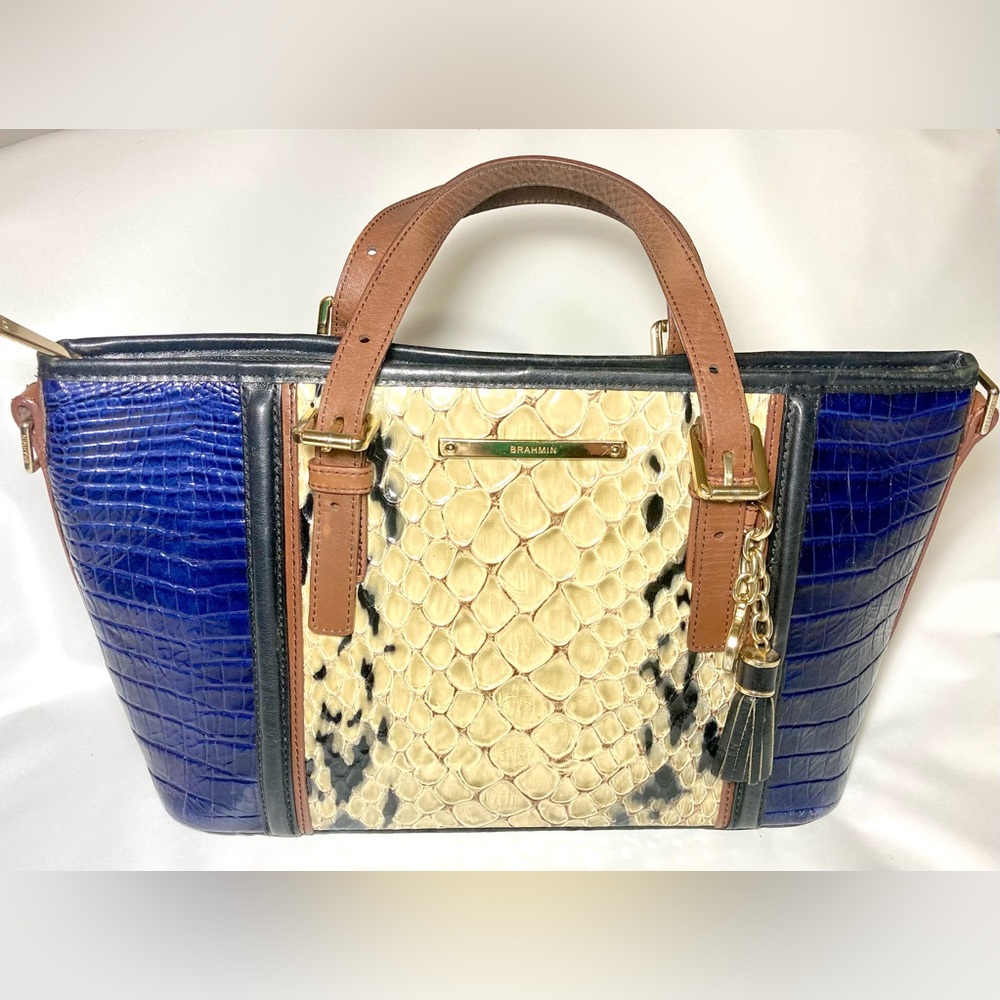 BRAHMIN Arden Satchel Creme Carlisle Bag Blue/White Snake Embossed SEE COMMENTS